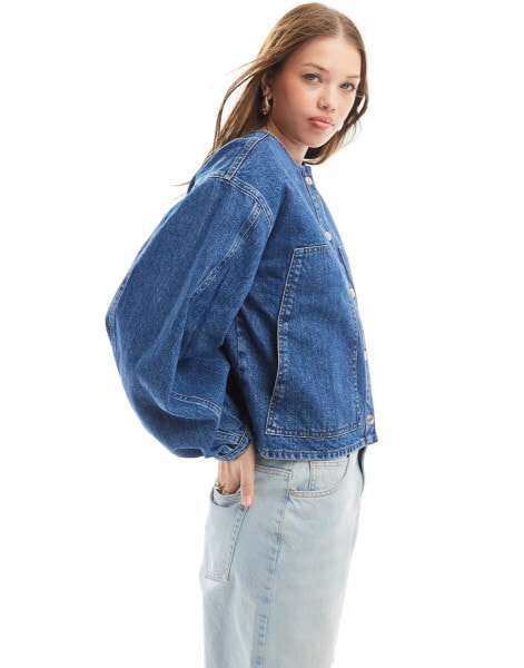 ASOS DESIGN collarless denim jacket with balloon sleeve in indigo wash