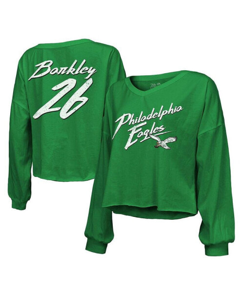 Women's Threads Saquon Barkley Kelly Green Philadelphia Eagles Name Number Off-Shoulder Script Cropped Long Sleeve V-Neck T-Shirt