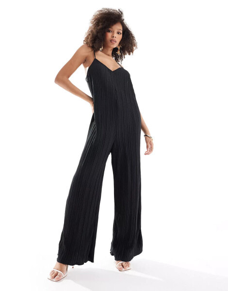 Vero Moda plisse extreme wide leg strappy jumpsuit in black