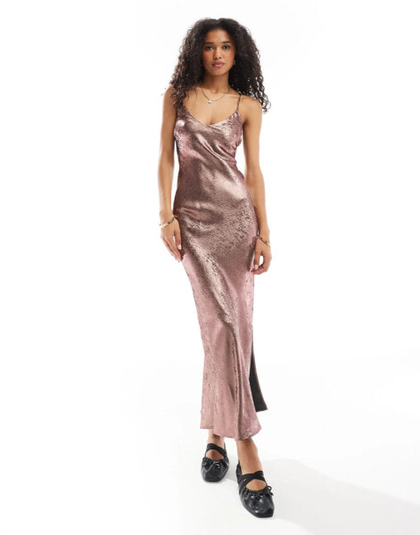 Miss Selfridge metallic maxi slip dress in pink