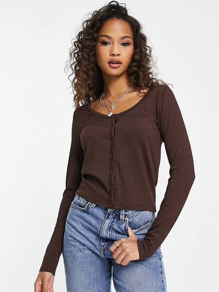 Hollister lace trim sweetheart neckline long sleeve top in brown 