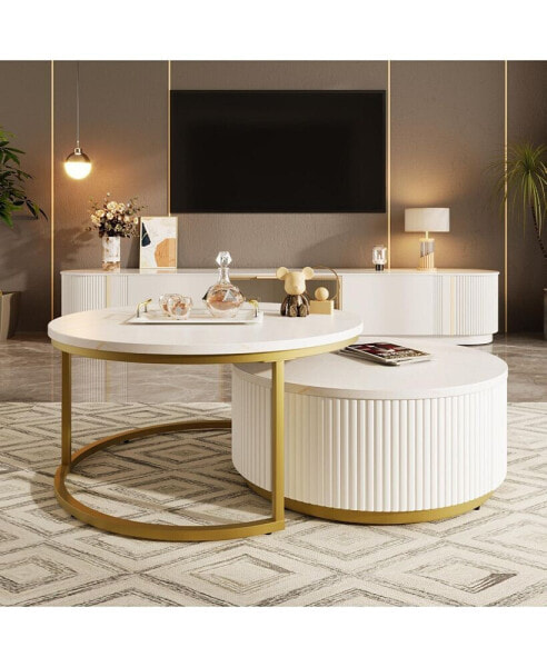 Modern Round Nesting Coffee Table Fluted with Drawer in White & Gold in 31.5''