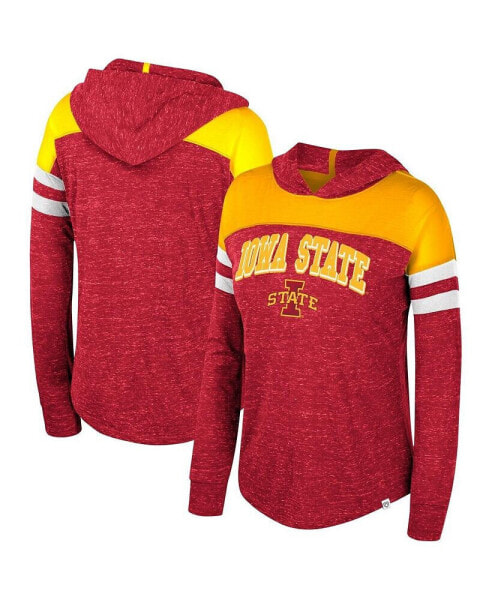 Women's Cardinal Distressed Iowa State Cyclones Speckled Color Block Long Sleeve Hooded T-shirt