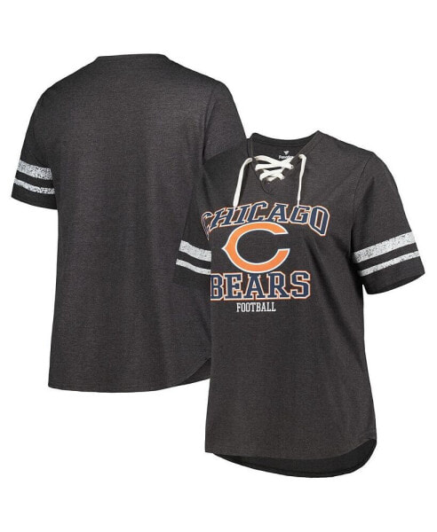 Women's Heather Charcoal Distressed Chicago Bears Plus Size Lace-Up V-Neck T-shirt
