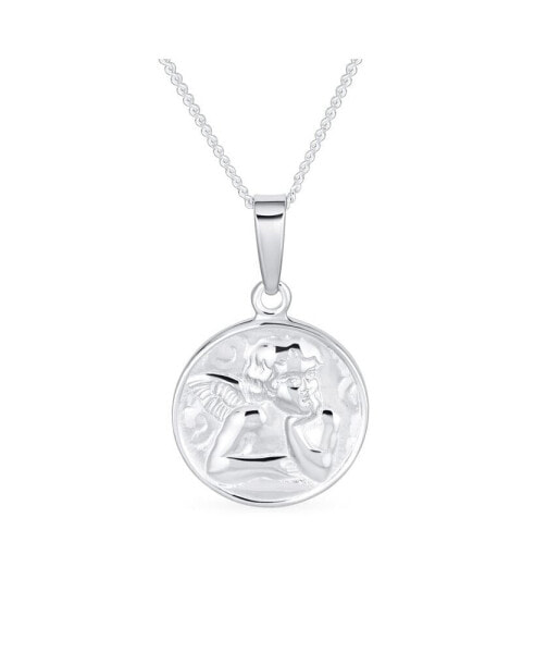 Religious Round Disc Medal Guardian Sistine Angel Cherub Pendant Necklace For Women For Sterling Silver