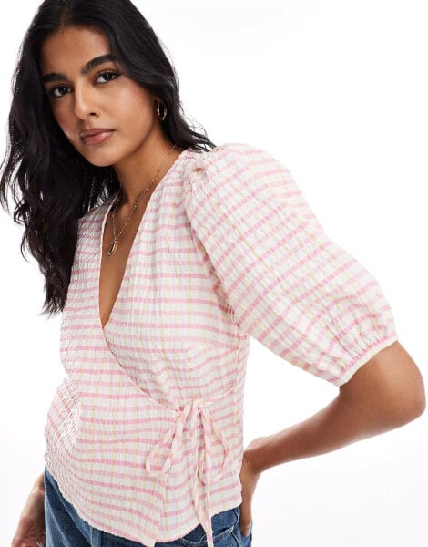 ASOS DESIGN wrap front puff sleeve blouse in check