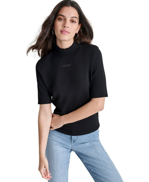 Women's Stud Logo Mock Neck Elbow-Sleeve Sweater