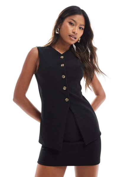 ASOS DESIGN co-ord ribbed longline button through v neck waistcoat top in black