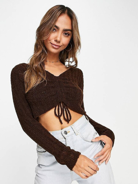 ASOS DESIGN knitted top in rib with ruched front in brown