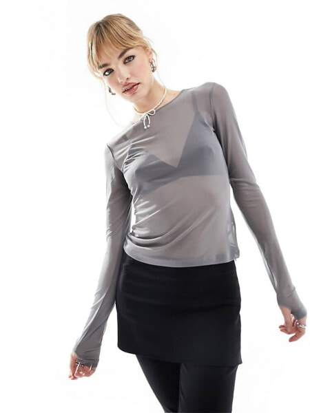 Monki long sleeve mesh top in charcoal grey