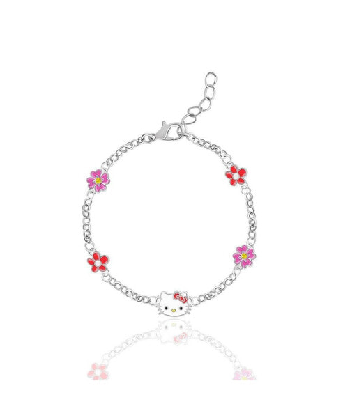Sanrio Officially Licensed Authentic Silver Plated Bracelet with Flowers and Crystals - 6.5 + 1"