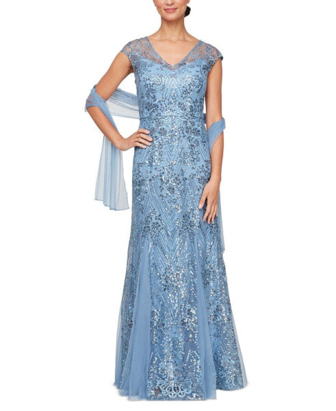 Women's Embellished Cap-Sleeve Gown & Shawl