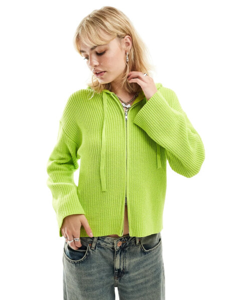 Monki knitted rib hoodie zip up cardigan in lime green