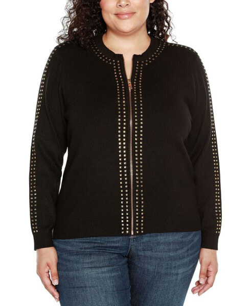 Black Label Plus Size Crewneck Embellished Zip Cardigan Sweater