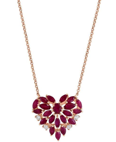 EFFY® Ruby (2-1/3 ct. t.w.) & Diamond (1/8 ct. t.w.) Heart Cluster 18" Pendant Necklace in 14k Rose Gold