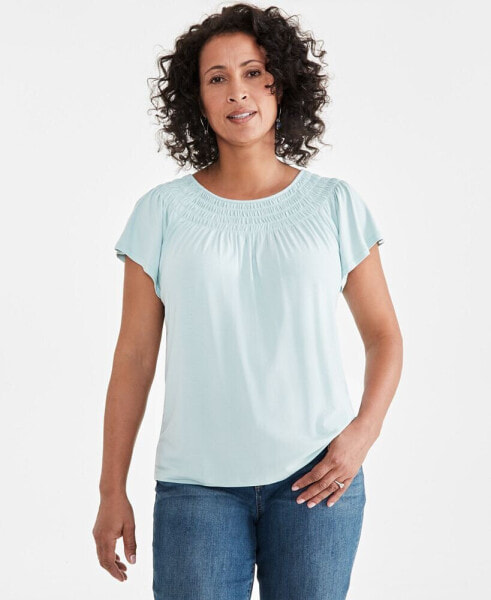 Women's Short-Sleeve Smocked-Neck Knit Top, Created for Macy's