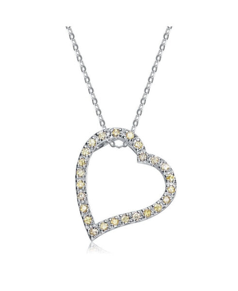 Sterling Silver with Round Cubic Zirconia Thick Open Heart Frame Necklace