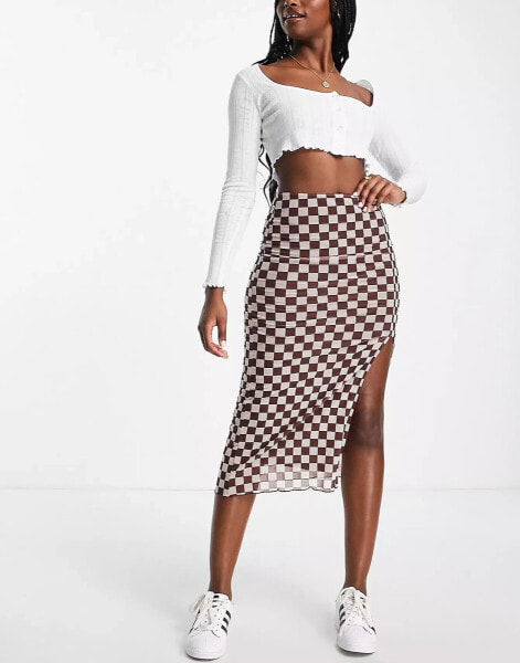 Monki mesh midi skirt in checkerboard pink