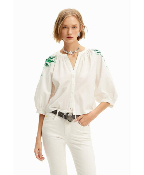 Women's V-neck embroidered blouse