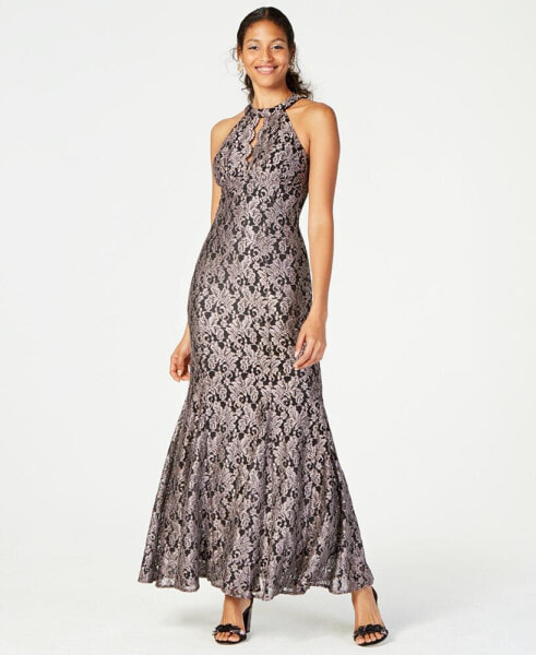 Glitter-Lace Keyhole Gown