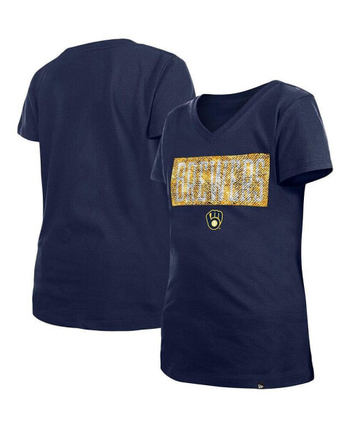 Big Girls Navy Milwaukee Brewers Flip Sequin Team V-Neck T-shirt