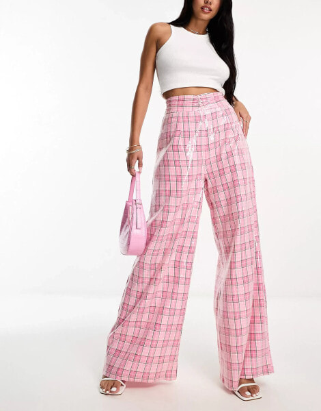 Collective the Label exclusive wide leg metallic trouser in pink check sequin