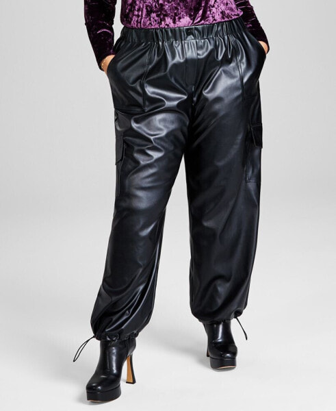 Trendy Plus Size Faux-Leather Wide-Leg Cargo Pants