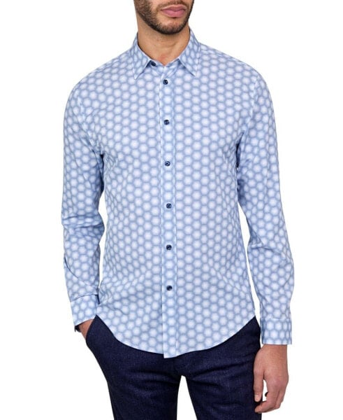 Men's Non-Iron Performance Stretch Moisture-Wicking Hexagon-Print Button-Down Shirt