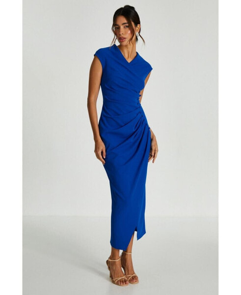 Women's Scuba Crepe Maxi Dress With Wrap Button Detail