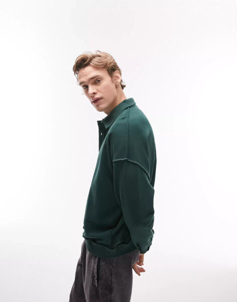 Topman oversized fit polo with exposed seams in washed green