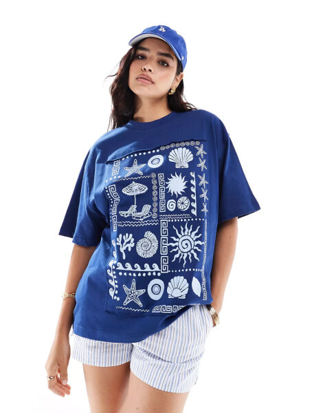 ASOS DESIGN oversized t-shirt with seashells patchwork graphic in navy