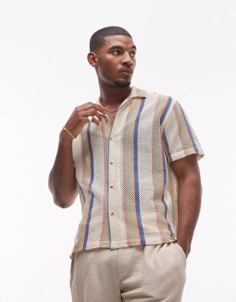 Topman short sleeve crochet stripe shirt in multi