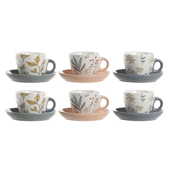 Set of Mugs with Saucers DKD Home Decor Blue Grey Multicolour Light Pink Porcelain 90 ml 11 x 11 x 2 cm (3 Units)