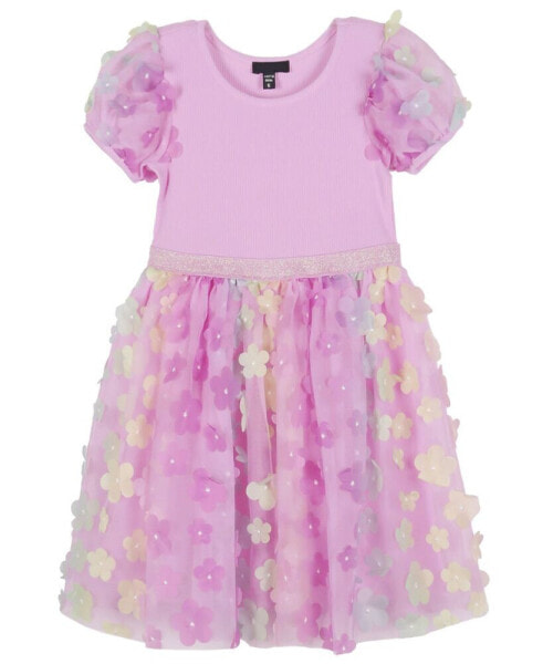 Toddler Girls Solid Rib Bodice with 3D Flower Skirt and Puff Sleeves Dress