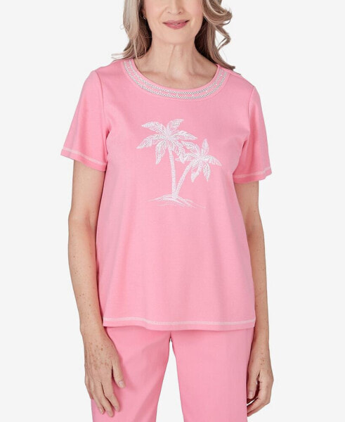 Petite Miami Beach Embroidered Palm Tree Short Sleeve Top