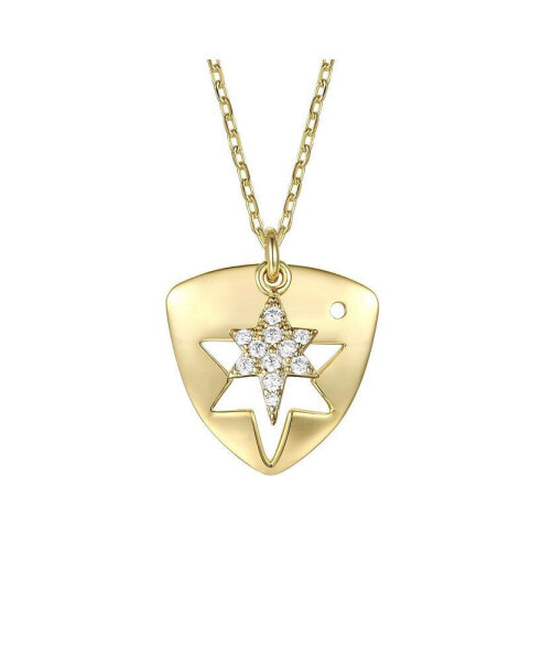 14k Gold Plated with Cubic Zirconia Laser-Cut 6-Pointed Star Triangle Shield Double Pendant Charm Necklace