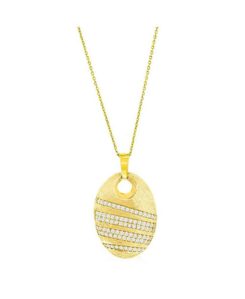 Gold Plated Over Sterling Silver Large Oval Brushed CZ Pendant Necklace