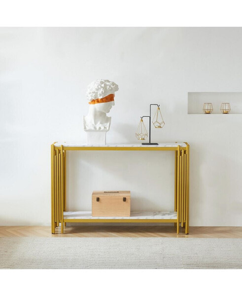 Modern Black/Gold Console Table with Faux Marble Top