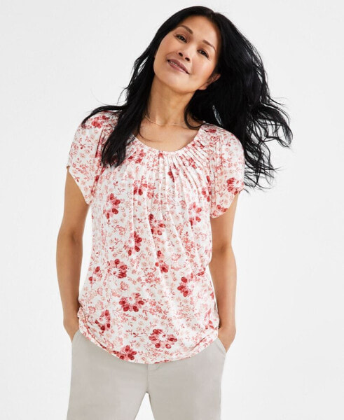 Women's Printed Pleated Scoop-Neck Top, Created for Macy's