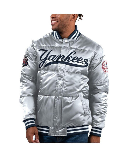 Men's Silver New York Yankees Bronx Satin Full-Snap Varsity Bomber Jacket