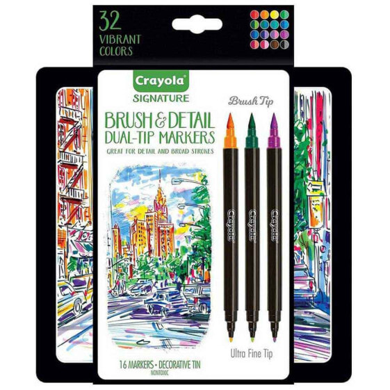 Crayola Brush & Detail Double Tip Markers Двусторонние фломастеры в металлическом кейсе 32 цвета