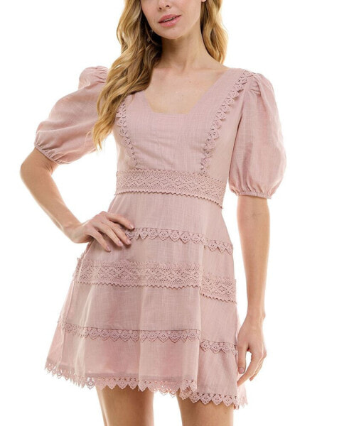 Juniors' Fit & Flare Puff-Sleeve Eyelet Dress