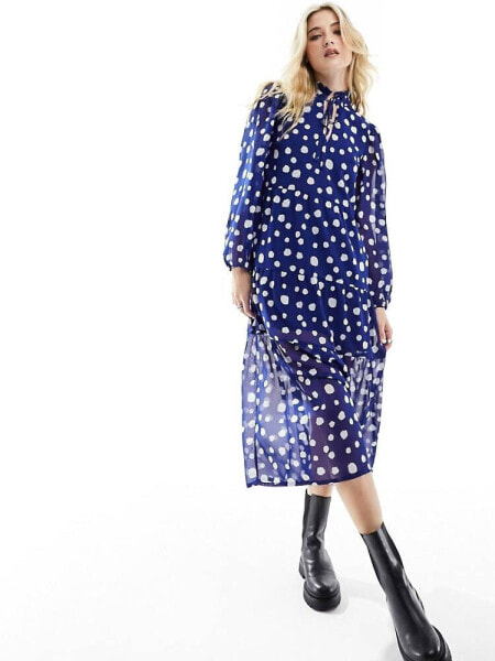 Wednesday's Girl tie neck tiered midi polka dot dress in blue