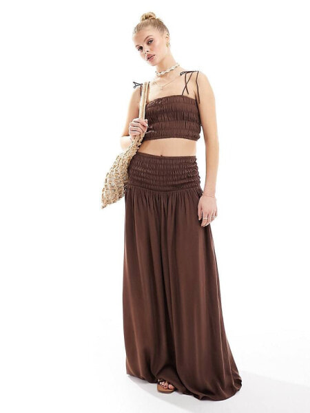 Esmee beach maxi skirt co-ord with shirred waist in brown