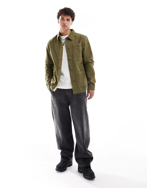 Timberland washed canvas worker jacket in olive green