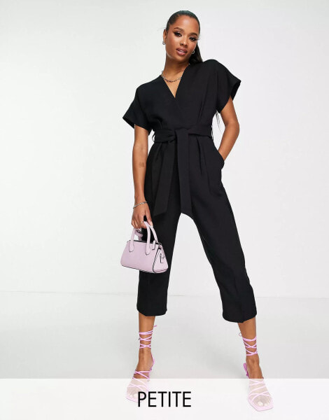 Closet London Petite – Jumpsuit in Schwarz mit Bindegürtel und Kimonoärmeln