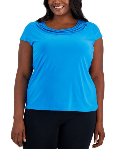 Plus Size Stretch Knit Short-Sleeve Cowl-Neck Top