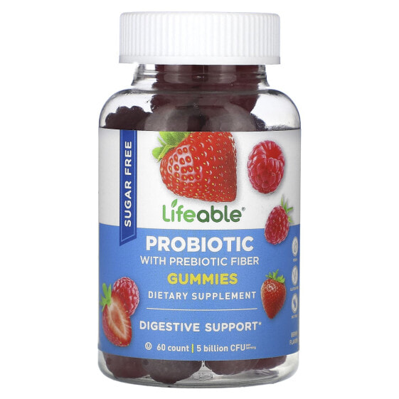 Lifeable, Пробиотик с пребиотической клетчаткой, жевательные мармеладки, ягодные, без сахара, 2,5 млрд КОЕ, 60 жевательных таблеток