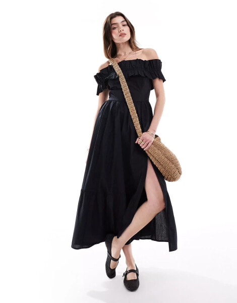 Abercrombie & Fitch off the shoulder ruffle midi dress in black