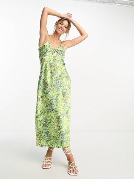 New Look strappy cut out midi dress in green pattern